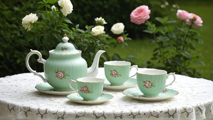 Fototapeta premium Elegant Mint Green Tea Set Displayed Outdoors Amidst Blooming Roses, Promising a Relaxing and Delightful Afternoon Tea Experience.