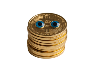 Humorous Take on Digital Currency, Golden Coin Stack with Whimsical Sparkle Eyes on an Isolated Setting Symbolizing the Playful Side of Finance