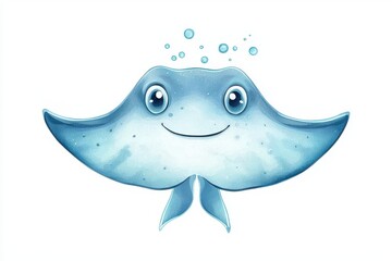 Cute Cartoon Ray Fish Illustrations with Blue Colors and Bubbles
