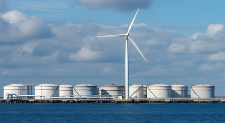 Obraz premium Wind Turbine and Industrial Storage Tanks at Sea Under a Partly Cloudy Sky
