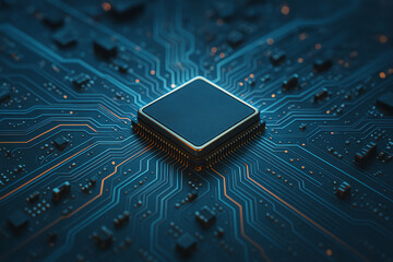 A close-up view of a computer microprocessor on a circuit board. The intricate pathways and glowing details highlight the beauty of modern technology and electronic components.