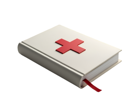 Highly detailed realistic medical book with a prominent red cross, representing health, knowledge, and scientific advancement in healthcare
