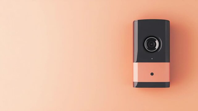Modern black security camera on peach background.