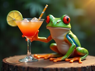 happy jocund frog with a cocktail