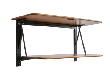 Image showcasing a wall-mounted desk with a foldable design, highlighting space-saving features and modern aesthetic, suitable for compact office and home environments