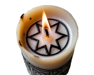 Illuminating Mystery, A Burned-Out Candle with Enigmatic Symbols Casts an Eerie Glow, Evoking a Sense of Ritualistic Charm and Hidden Knowledge