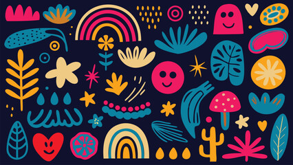 Colorful Botanical and Happy Face Doodles