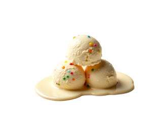 Indulge in a delectable triple scoop of vanilla ice cream adorned with colorful sprinkles, gently melting into a sweet pool of creamy delight, a perfect treat