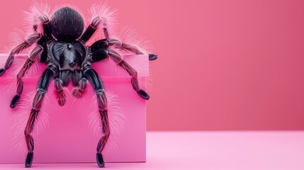 Cute tarantula on bright pink background with copy space