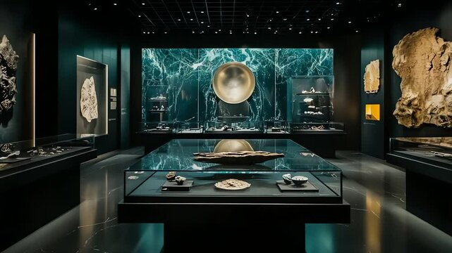 Modern museum exhibit featuring artifacts.
