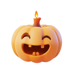 Smiling 3D Halloween Pumpkin With Candle  isolated on a transparent background
