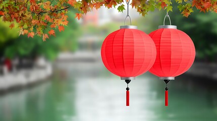 Obraz premium Two red lanterns hang, autumn foliage, water view