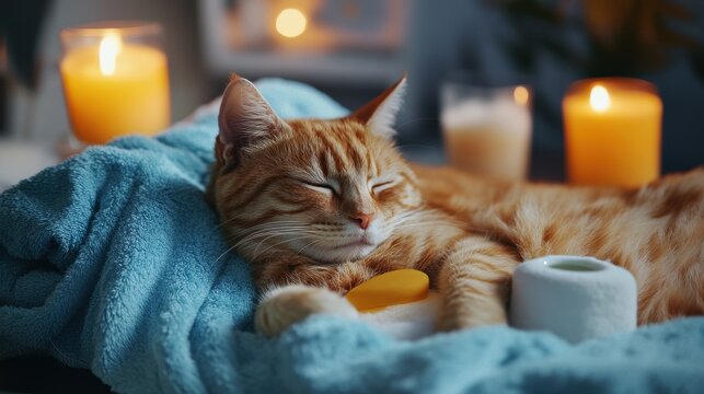 Relaxing cat spa day home animal photo cozy indoor close-up self-care concept