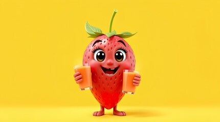 Smiling Strawberry: A cheerful anthropomorphic strawberry character with big eyes, a happy smile, and green leafy top holds two glasses of juice.