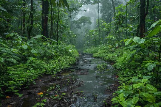 Lush green forest pathway with a small stream surrounded by dense foliage during a misty morning