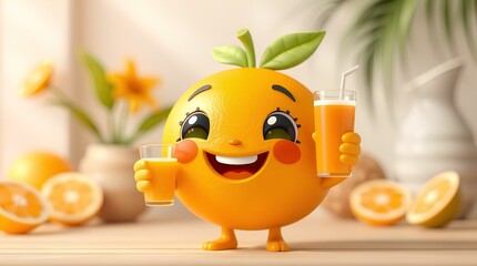Orange Juice Delight: A cheerful, 3D animated orange character, holding two glasses of fresh orange juice, smiles with joy, radiating happiness and a love for all things citrusy.