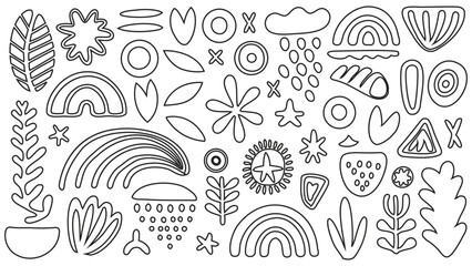 Outlined Doodles of Leaves and Flowers
