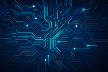 A high-tech circuit board design featuring intricate lines and glowing nodes, set against a deep blue background