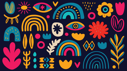Naklejka premium Funky Rainbow and Eye Pattern Doodle