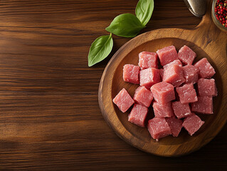 Fresh Diced Beef Cubes on Wooden Board  Top View