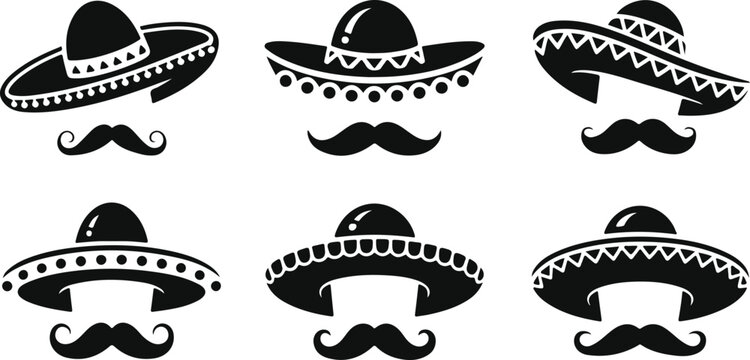 Silhouette Collection of Mexican Sombrero Hats with Mustaches, Perfect for Cultural, Celebration, and Mexican Heritage Themes in Illustrations