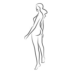 Silhouette of a nice lady, she is standing. The girl has a beautiful naked figure. The woman is a young sexy and slender model. Vector illustration