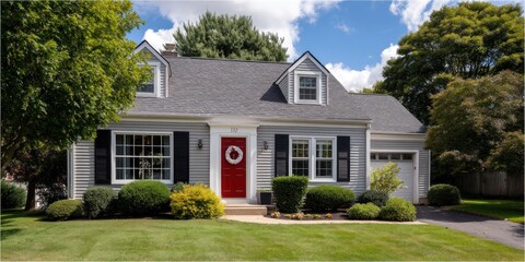 A charming gray house with a red door and lush landscaping