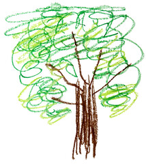 Childish Wax Crayon Drawing Of Abstract Tree With A Green Upper Branches And Brown Trunk. Hand Drawn Naive Style Tree Made Of Scribbles.