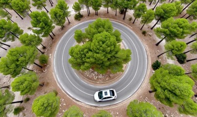 A circular road winding through a forest, a bird's-eye view