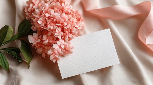 Blank card with soft fabric and blooming hydrangea flowers in pastel shades perfect for writing heartfelt messages for Mother’s Day, spring greetings or romantic notes
