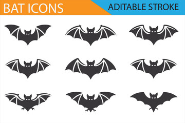 Naklejka premium Halloween Bat Icons Set with Editable Stroke for Dark and Mysterious Designs
