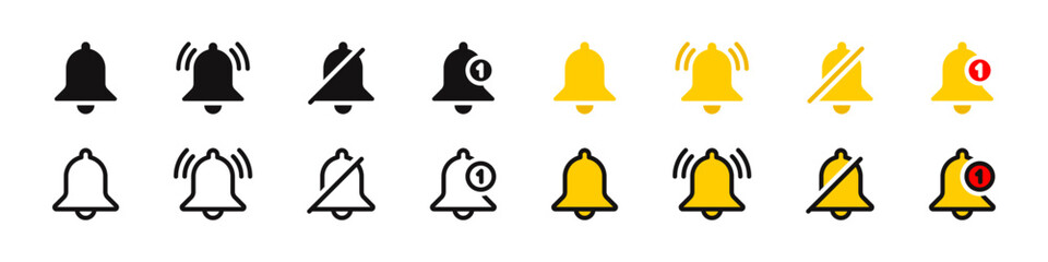 Bell reminder notification icon collection. Set of alert or alarm symbols.