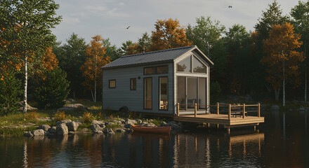 Obraz premium Lakeside Tiny Home Retreat Offering Tranquility And Off-Grid Living