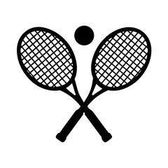 Minimalist silhouette of two crossed tennis rackets with a ball isolated on a white background