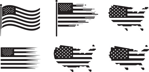 Illustration of American Flag and Map Icon Silhouette Vector for Patriotism, USA, and National Symbols Designs