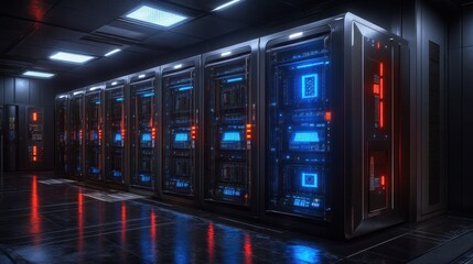 Futuristic server room with rows of advanced computer cabinets