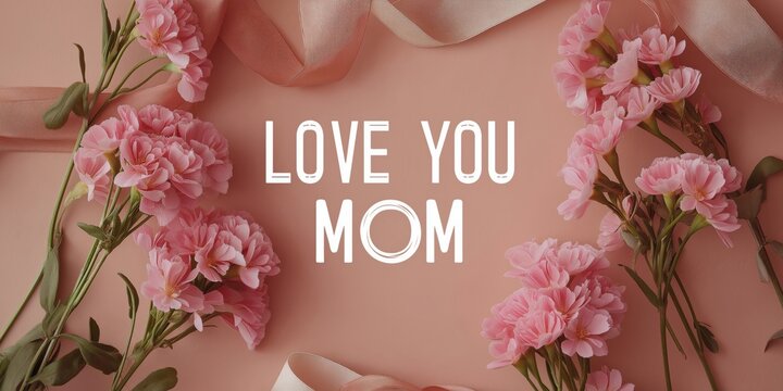 Flat lay of pink carnations and delicate ribbon surrounding bold white text “LOVE YOU MOM” on soft background perfect for Mother’s Day cards, floral banners and seasonal designs