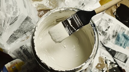 A person is painting a wall with a brush. The brush is in a white can of paint