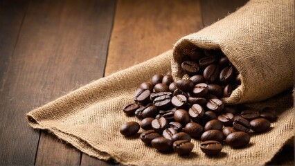Rich Roasted Arabica Coffee Beans cascading from a Burlap Sack onto a Rustic Wooden Surface, ready for Brewing.