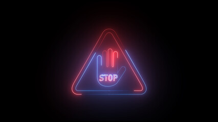 Glowing Hand Icon on Black Background. Neon stop sign showing an open hand in a triangle shape on a black background. Neon glowing stop hand sign.	
