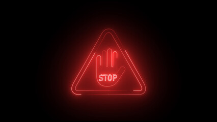Glowing Hand Icon on Black Background. Neon stop sign showing an open hand in a triangle shape on a black background. Neon glowing stop hand sign.	
