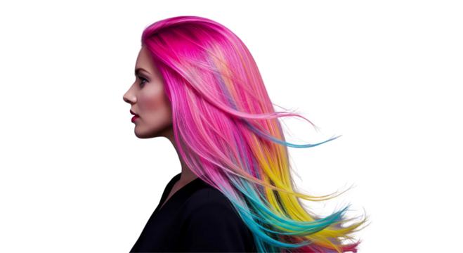Profile portrait of a woman with long, colorful hair flowing in the wind, isolated on transparent background - Powered by Adobe