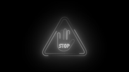 Glowing Hand Icon on Black Background. Neon stop sign showing an open hand in a triangle shape on a black background. Neon glowing stop hand sign.