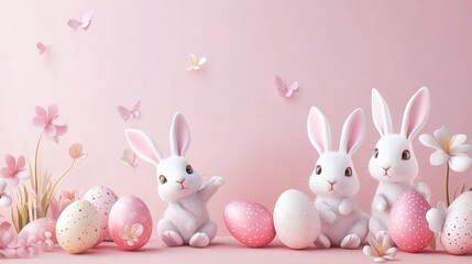 Fototapeta premium Cute easter bunnies and colorful eggs with light pink background. Easter, bunny, egg.