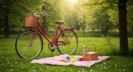 Fototapeta premium Bicycle parked next to a picnic blanket in a city park during a sunny afternoon.