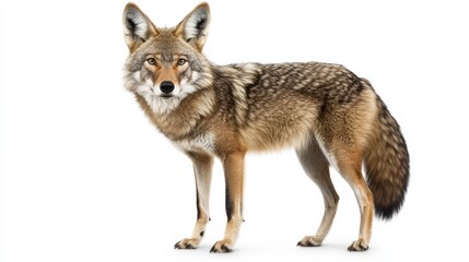 Fototapeta premium A coyote standing alert with its ears raised, isolated on white background.