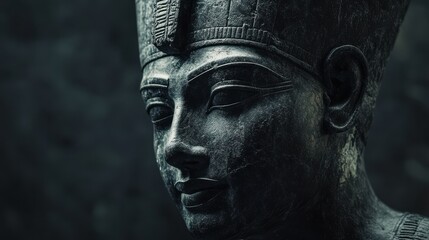 Ancient dark stone statue, regal headwear.