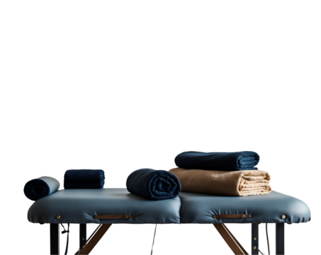 Isolated massage table adorned with neatly folded towels evoking relaxation and wellness, suitable for spa, physiotherapy, or alternative therapy themes, a calming studio shot