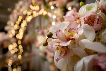 Floral arrangement with soft pink and white blossoms highlighted by warm lights during a festive evening event