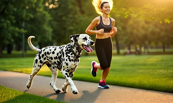 Woman jogs with Dalmatian dog in park. Sunlit, green trees, path
